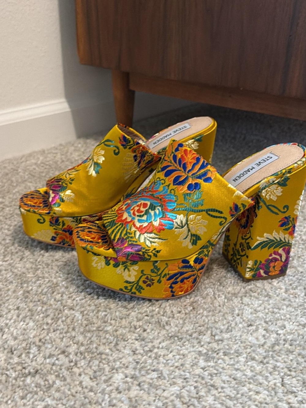 Steve Madden Yellow Floral Brocade Platform Mules